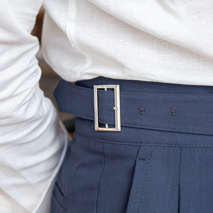 Men's High-Waisted Trousers – Tailored Fit with Pleated Front and Side Buckle