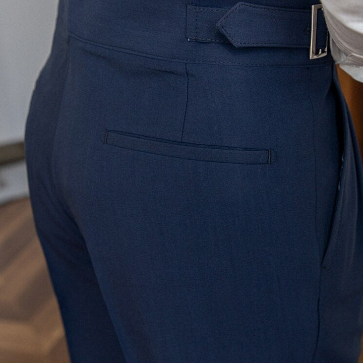 Men's High-Waisted Trousers – Tailored Fit with Pleated Front and Side Buckle