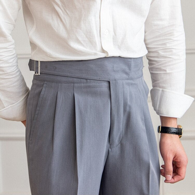 Men's High-Waisted Trousers – Tailored Fit with Pleated Front and Side Buckle