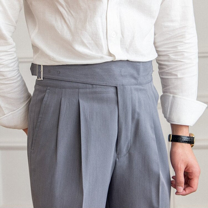 Men's High-Waisted Trousers – Tailored Fit with Pleated Front and Side Buckle