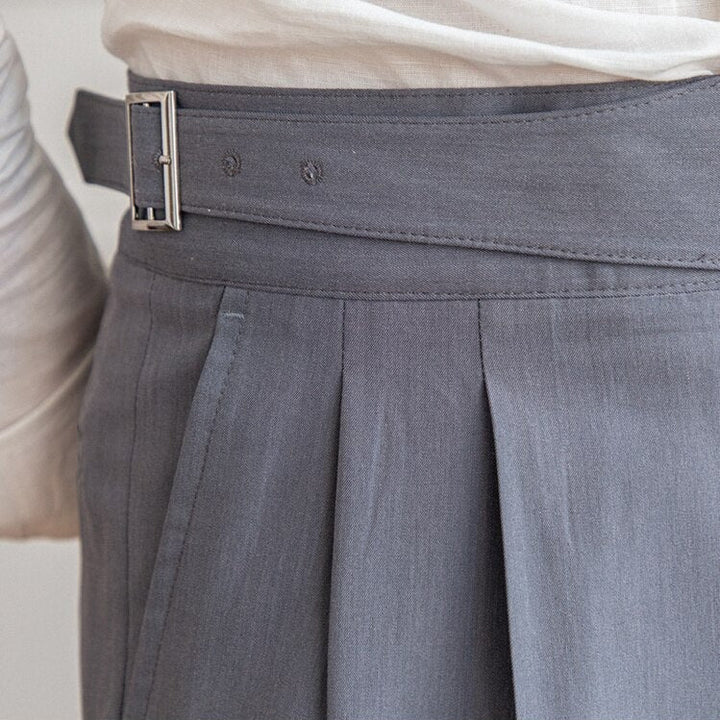 Men's High-Waisted Trousers – Tailored Fit with Pleated Front and Side Buckle