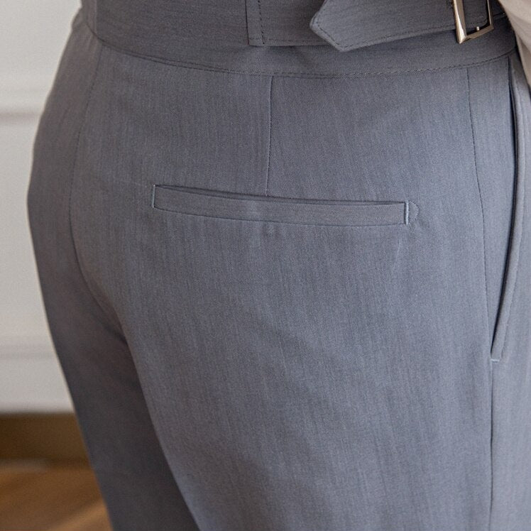Men's High-Waisted Trousers – Tailored Fit with Pleated Front and Side Buckle