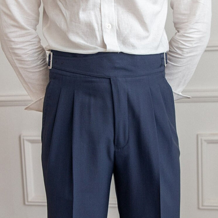Men's High-Waisted Trousers – Tailored Fit with Pleated Front and Side Buckle