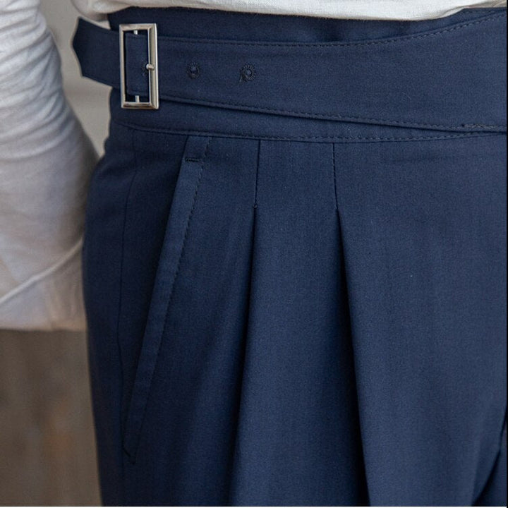Men's High-Waisted Trousers – Tailored Fit with Pleated Front and Side Buckle
