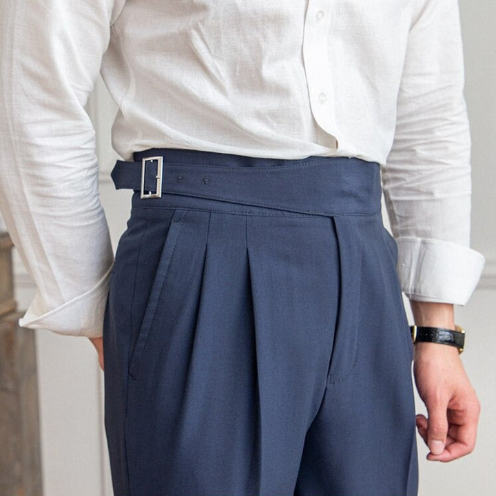 Men's High-Waisted Trousers – Tailored Fit with Pleated Front and Side Buckle