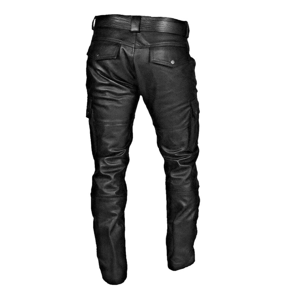 Men's Black Biker Pants – Faux Leather Motorcycle Trousers with Cargo Pockets