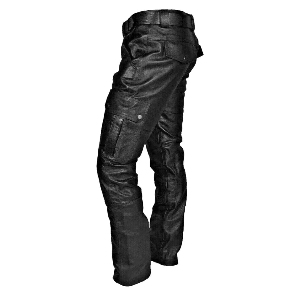 Men's Black Biker Pants – Faux Leather Motorcycle Trousers with Cargo Pockets