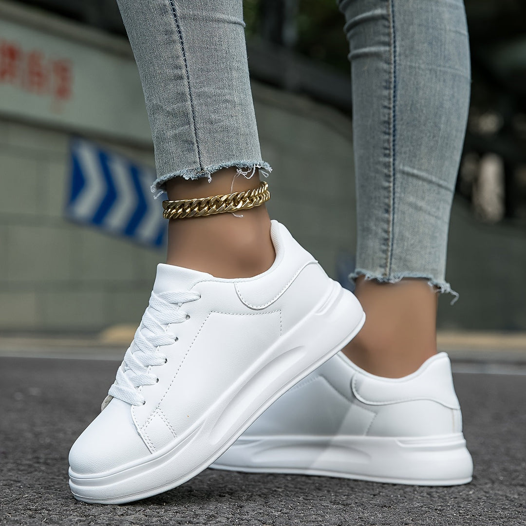 Women's White Faux Leather Sneakers – Minimalist Low-Top Comfort Shoes