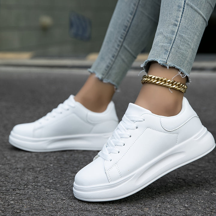 Women's White Faux Leather Sneakers – Minimalist Low-Top Comfort Shoes