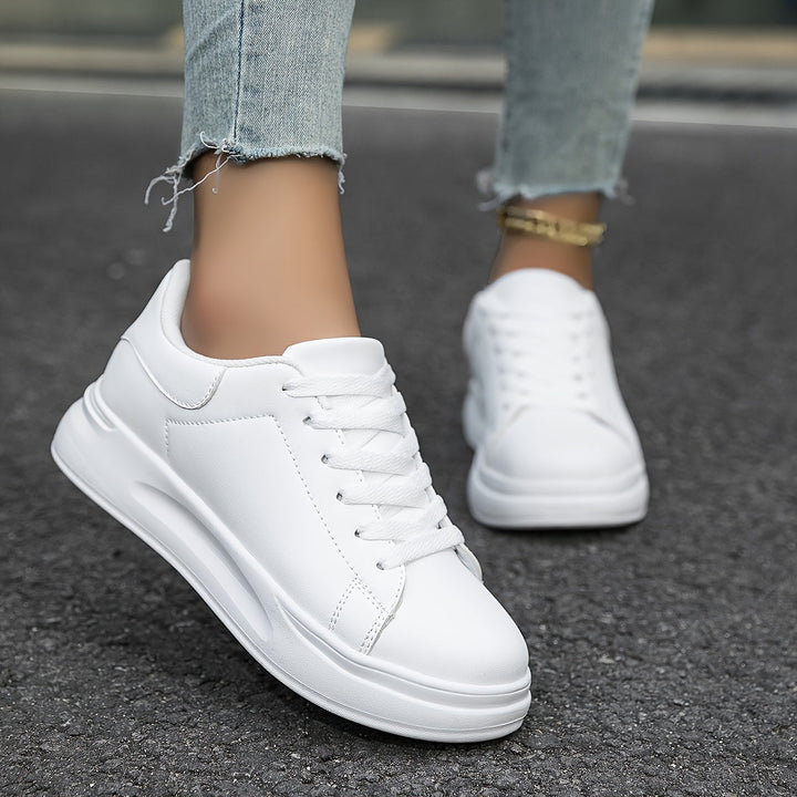Women's White Faux Leather Sneakers – Minimalist Low-Top Comfort Shoes