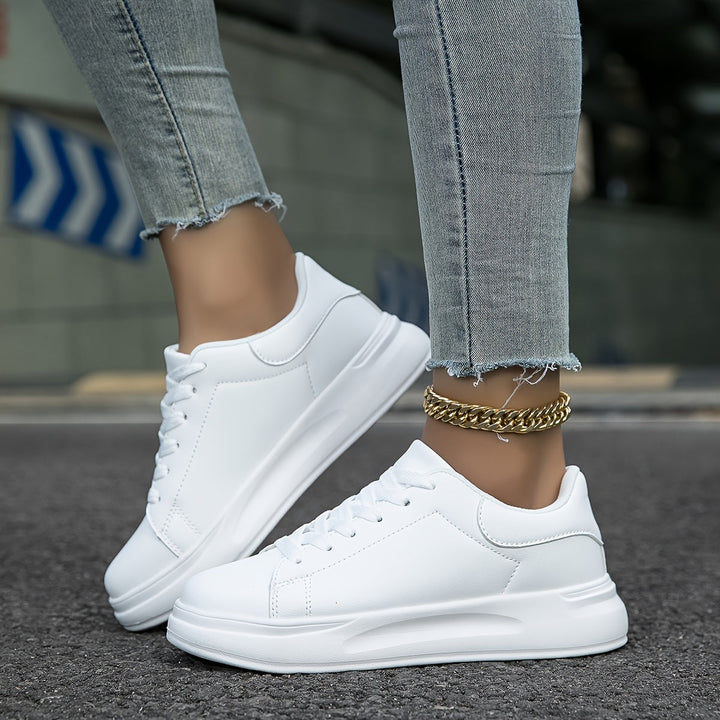 Women's White Faux Leather Sneakers – Minimalist Low-Top Comfort Shoes
